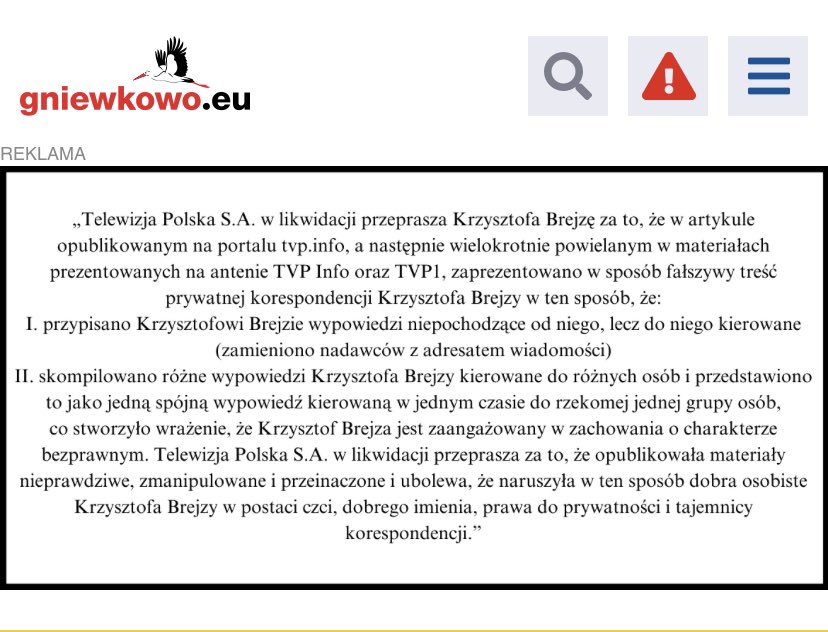 Portale lokalne w Kruszwicy i Gniewkowie publikują przeprosiny dla @KrzysztofBrejza. TVP przeprasza na portalach lokalnych. Jest to o tyle ważne, że publikacja fałszywych treści pozyskanych Pegasusem nastąpiła w okresie wyborów. Nienawistne, nieprawdziwe treści docierały do…