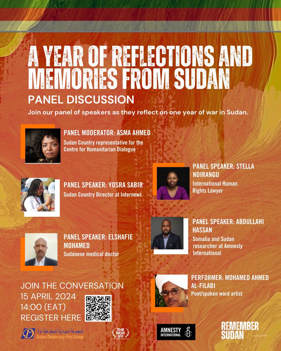 Join us for “A Year of Reflections and Memories of Sudan” Date: April 15th, 2024 Time: 2:00 pm – Panel Session          3:30 pm – Art Exhibition Where: Noir Gallery on Muthangari Drive, Nairobi, Kenya Register now: amnestykenya.org/remember-sudan/ #RememberSudan #KeepEyesOnSudan