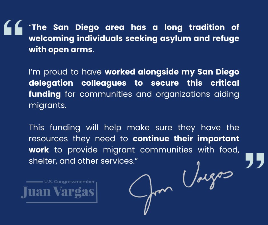 🚨NEW: We secured over $39 million for San Diego communities and organizations aiding migrants. This funding through the Shelter and Services Program will help make sure they have the necessary resources to continue their critical work. Read more: vargas.house.gov/media/press-re…