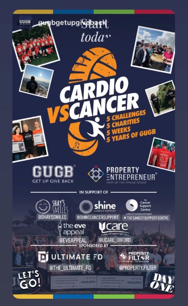 WE ARE 5! This year, 'Cardio Vs Cancer' is the Get Up Give Back Campaign. 5 CHALLENGES over only 5 WEEKS to raise £125,000 for 5 CHARITIES Stand by! #GetUpGive Back #CardioVsCancer #5Challenges #5Weeks #5Charities #£ 125,000fundraise