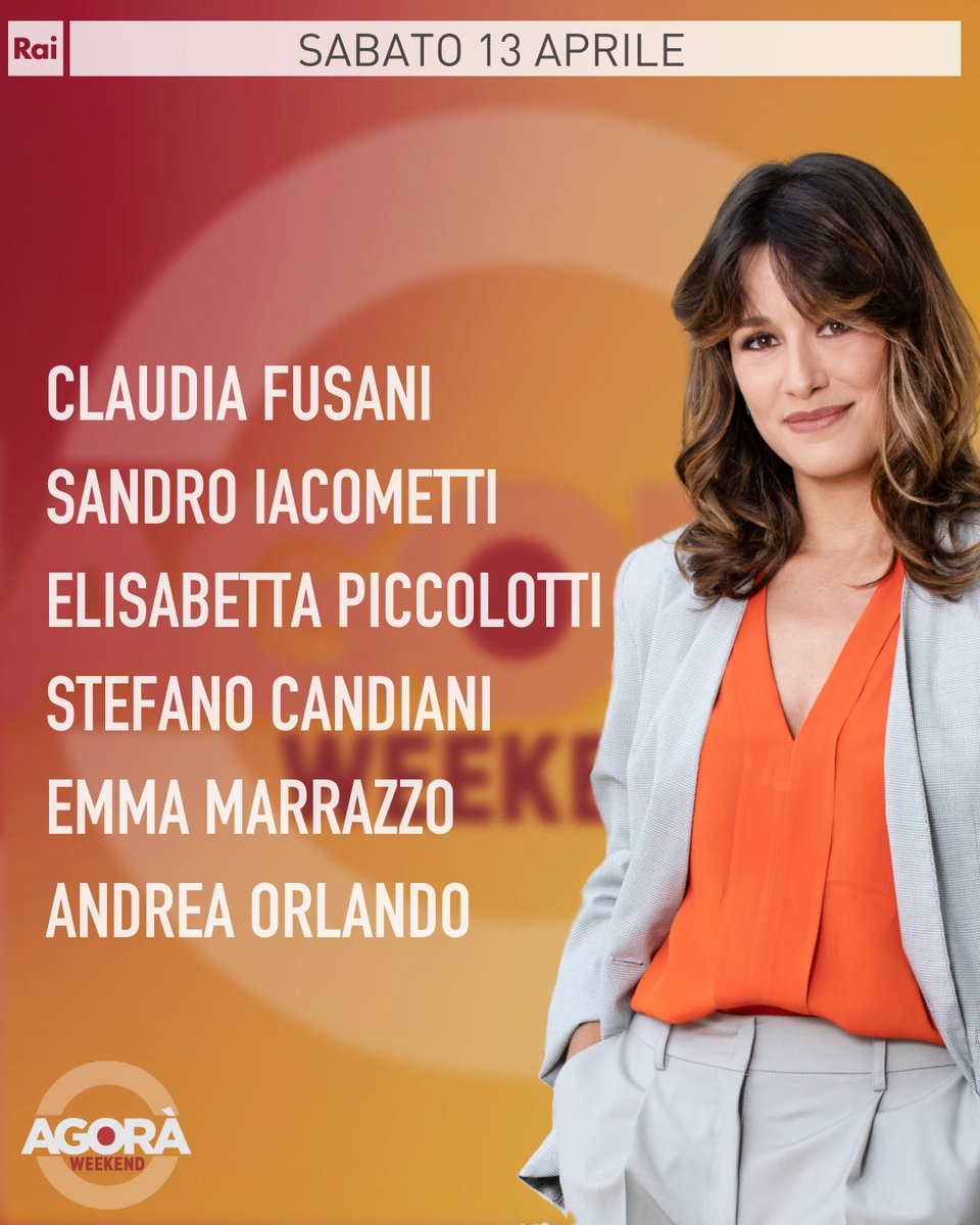 Ecco gli ospiti di Sara Mariani di sabato #13aprile ad Agorà Weekend. Vi aspettiamo dalle 8.00 su #Rai3 e su #RaiPlay. #AgoraRai #agoraweekend