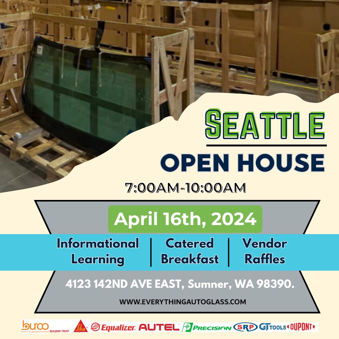 📣 #Seattle auto glass friends, join us as we host an open house April 11th from 7:00AM to 10:00AM! 🥳

Enjoy a morning networking with your favorite sundry and tool suppliers, and learn about our most recent addition to the PGW family, #EVERYTHINGAUTOGLASS!

See you there!🎉