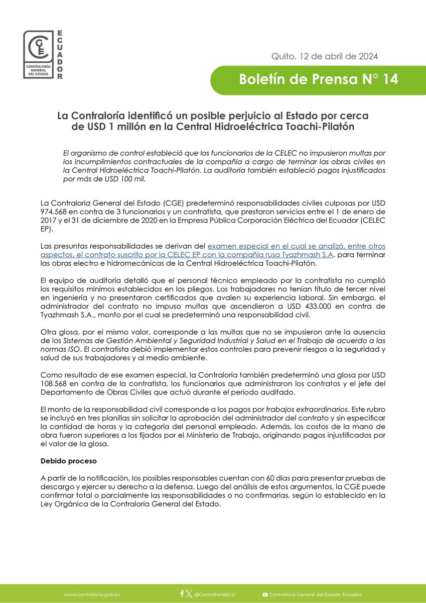 ‼️#URGENTE Contraloría identificó un posible perjuicio al Estado de aproximadamente USD 1 millón en la Central Hidroeléctrica Toachi - Pilatón.