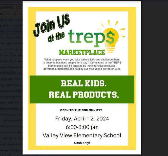 TONIGHT! TREP$ MarketPlace! Fri. 4/12 From 6-8PM. SUPPORT #ValleyView's young entrepreneurs! Bring CASH & Buy innovative items from REAL KIDS with REAL PRODUCTS! Open to community! See you there! Thanks! #EducateInspireEmpower! #PandaPrideRocks