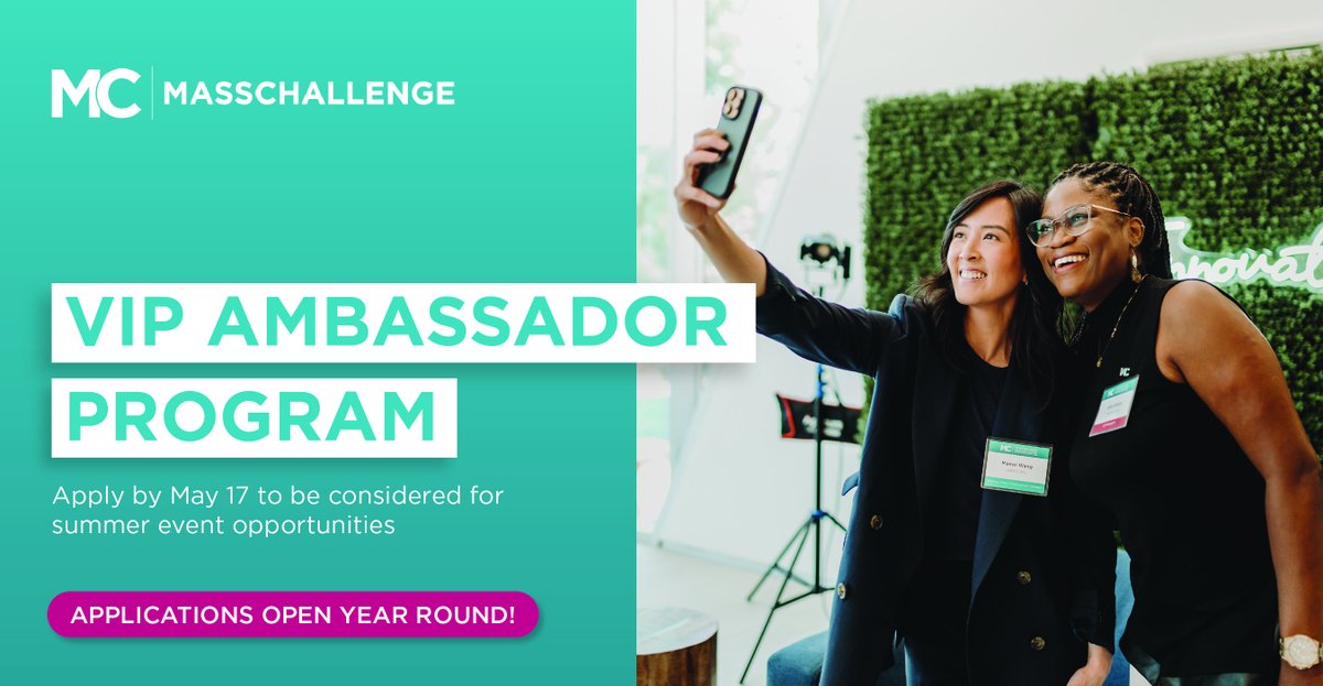 [APPLICATIONS OPEN] #Innovators, apply alongside other trailblazers like Dr. Kike Oduba, MD, MPH and Maeve Wang to the MassChallenge VIP Ambassador Program, and champion a more equitable entrepreneurial ecosystem! ✍️ Apply Now: hubs.li/Q01WkTtw0