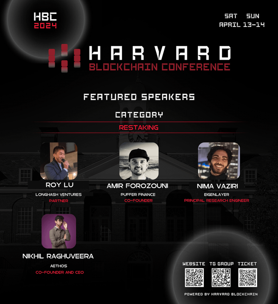 Excited to announce the Harvard Blockchain Conference on April 13-14, Sat & Sun! We're thrilled to have a lineup of top [RESTAKING] speakers joining us. Explore the latest trends and insights in restaking. Secure your spot now and network with industry leaders! 💡 Get tickets:…