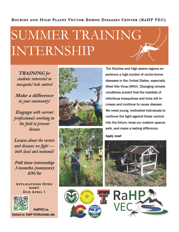 The Rockies and High Plains Vector-borne Diseases Center (RaHP VEC) is looking for candidates for their summer training internship program! 

Applications still open! 

Find more info here:
rahpvec.us/training/inter…

#InternshipOpportunity #vectorbiology #mosquitoes #studentjob