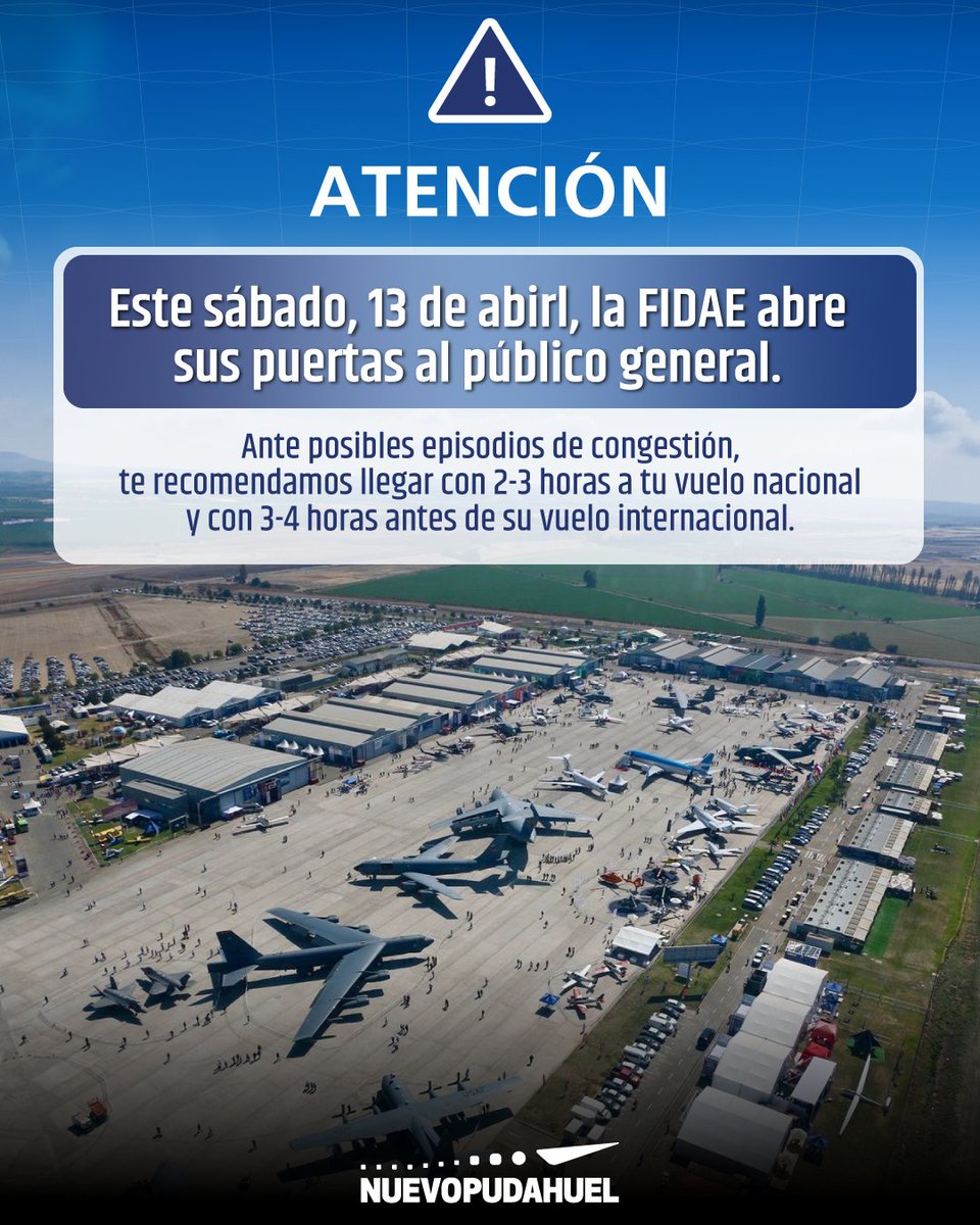 Más de 20 mil personas se espera que asistan este sábado 13 de abril a la @FIDAE_OFICIAL en el Aeropuerto de Santiago. Para evitar posibles retrasos por congestión vehicular, sigue estas recomendaciones y visita la web de la FIDAE para más información: bit.ly/44ddbDH