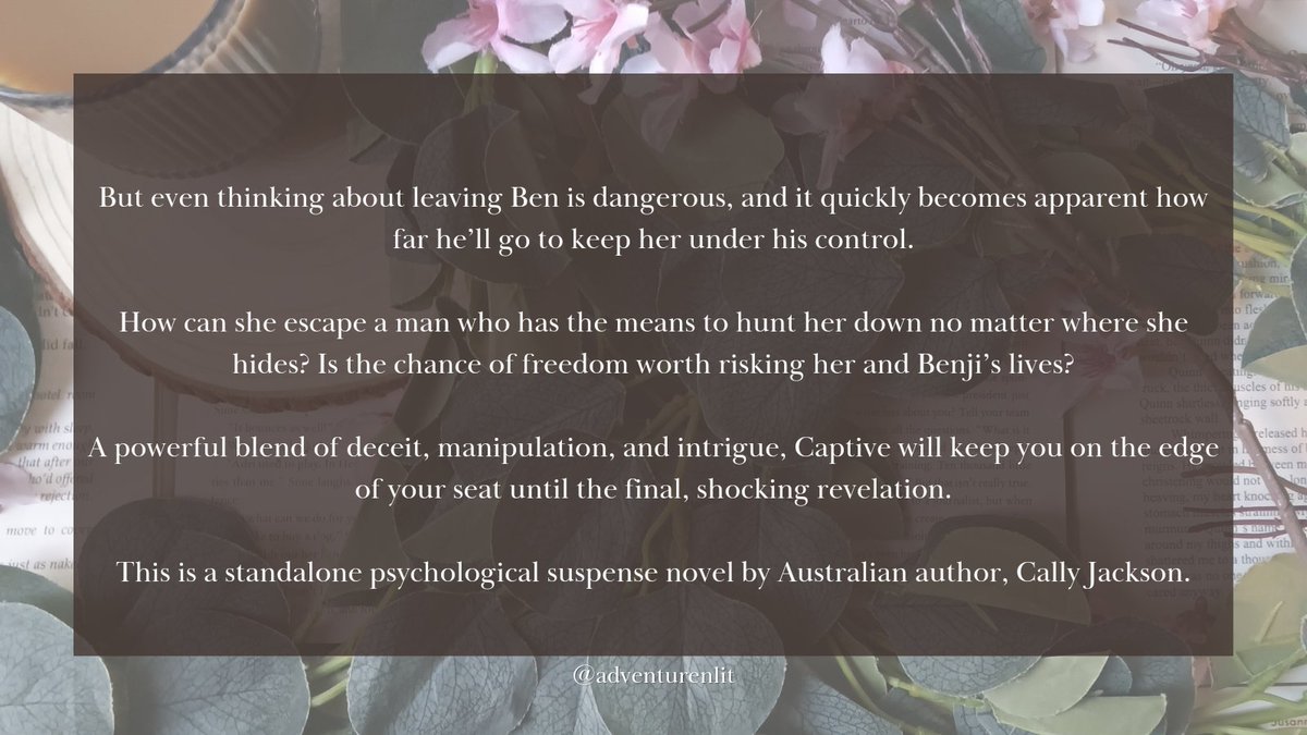 ✨📖 Book Review: 5/5⭐
Captive by <a href="/callyjackson/">Cally</a>

Genre: Thriller, Domestic Violence, Kidnapping

My review:
What an intense read! I was hanging on every single page as this terrifying thriller unfolded. The main character Sophie is married to Ben; a controlling and violent man.