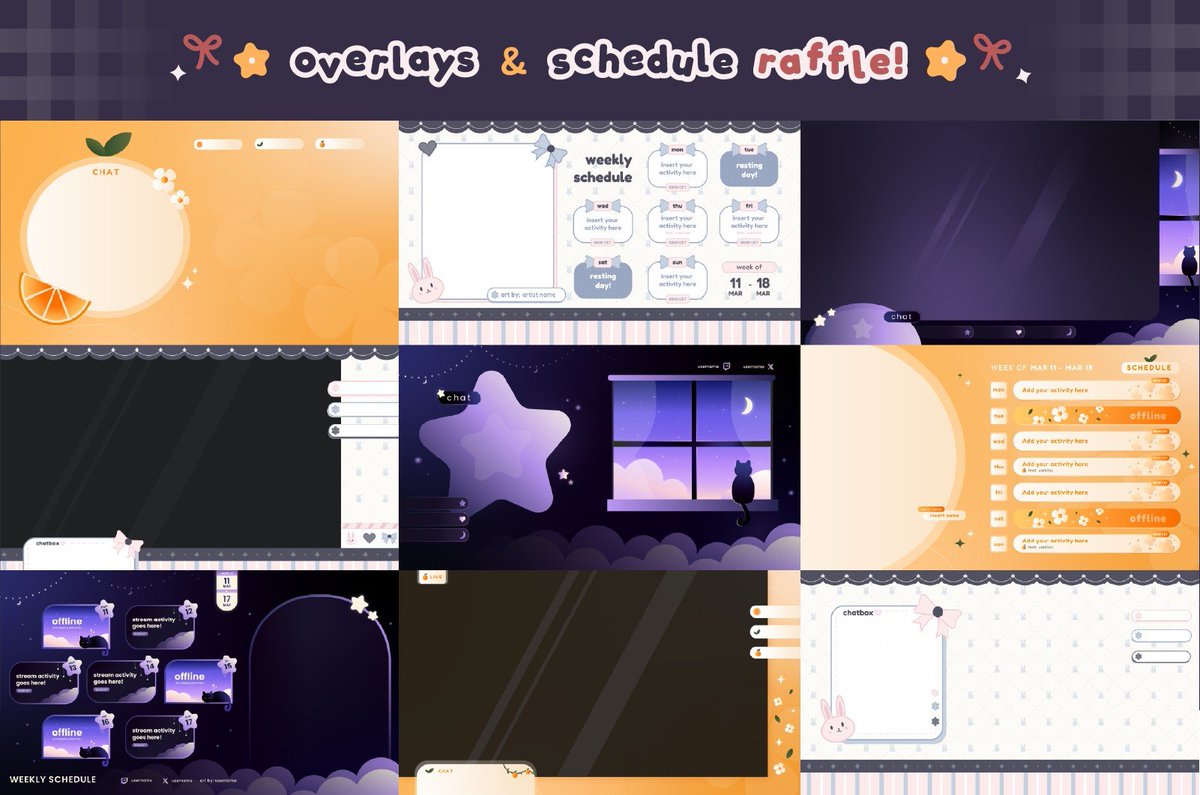 🪻 OVERLAYS & SCHEDULE RAFFLE! 🪻 for 2 winners ୭ ˚. ᵎᵎ ⭑ 1 get a pack of just chatting & gaming overlays ⭑ 1 get a stream schedule how to enter? ⭑ follow me (let's be moots🫶) ⭑ like and RT this post ⭑ drop your png ends: 30/4/2024 ♡⭑ ࣪٠ #VtuberAssets #raffle