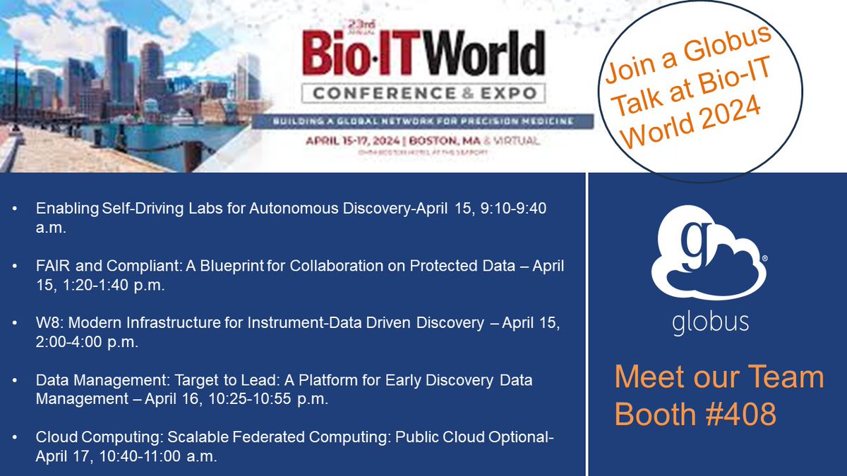 Going to Bio-IT World next week? Please join one of our sessions and stop by our booth to learn what's new. #ResearchIT #datamanagement #computeanywhere
