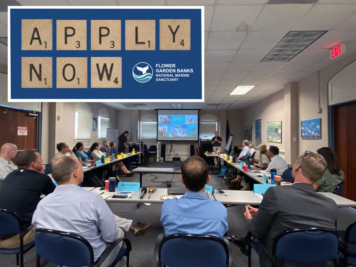 #ApplyNow! The deadline to apply for 7 seats on the FGBNMS #AdvisoryCouncil is near. Open Seats: Conserv (1), Comm Fishing (2), Dive Ops (2), Energy (1), Rec Diving (1) All applications must be received or postmarked by Monday, April 15th. flowergarden.noaa.gov/advisorycounci… #ScrabbleDay