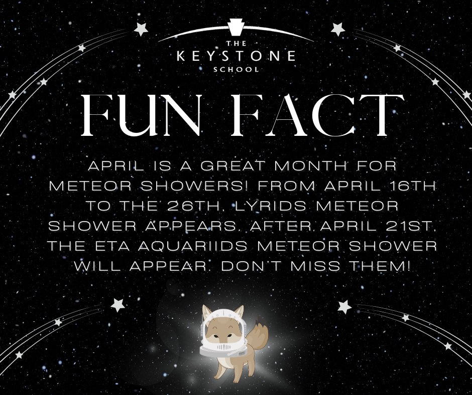 It's #funfactfriday! Here's a #funfact about a different kind of #aprilshowers you won't want to miss!   
#thekeystoneschool #funfaqfriday #onlinelearning #livewhilelearning #onlineschool #homeschool #homeschooling #faq #meteorshowers #april #sciencefacts #science #springtime