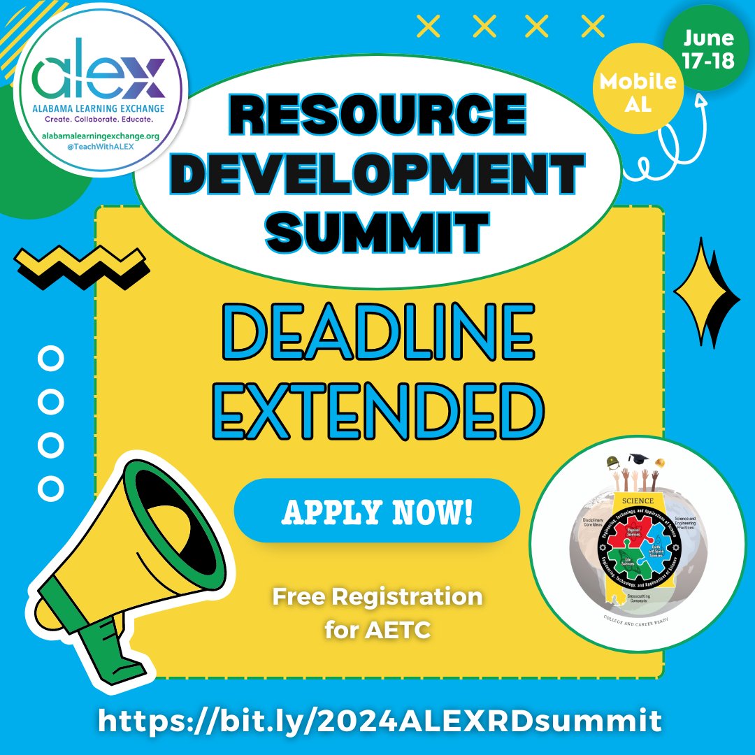 Great news! We've extended the application deadline for the ALEX - 2023 Science COS Resource Development Summit until 4/24! The Summit will be held on June 17-18 in Mobile, and we encourage certified K-12 Alabama educators to submit an application at ➡️ bit.ly/2024ALEXRDsumm…!