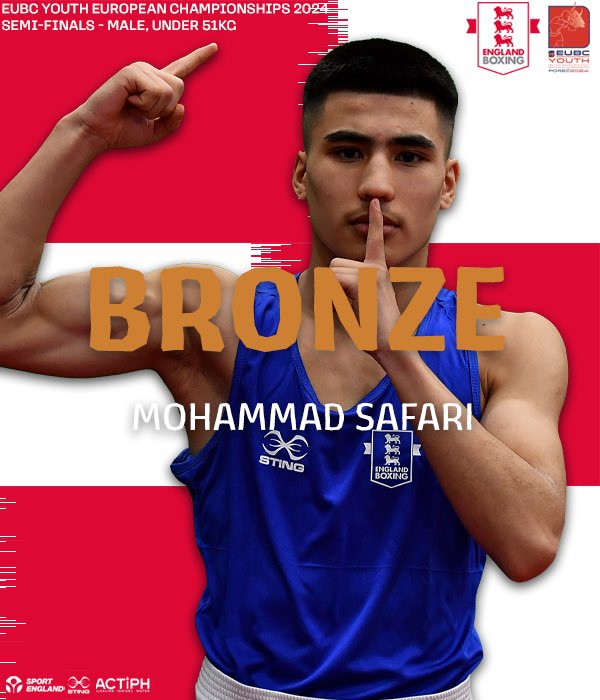 Bronze for Manny 🏴󠁧󠁢󠁥󠁮󠁧󠁿🦁 Male, Under 51kg - Maksym Zymenko (Ukraine) beat Mohammad Safari (England) by a unanimous decision. #EnglandPerformance | #YouthEuros24