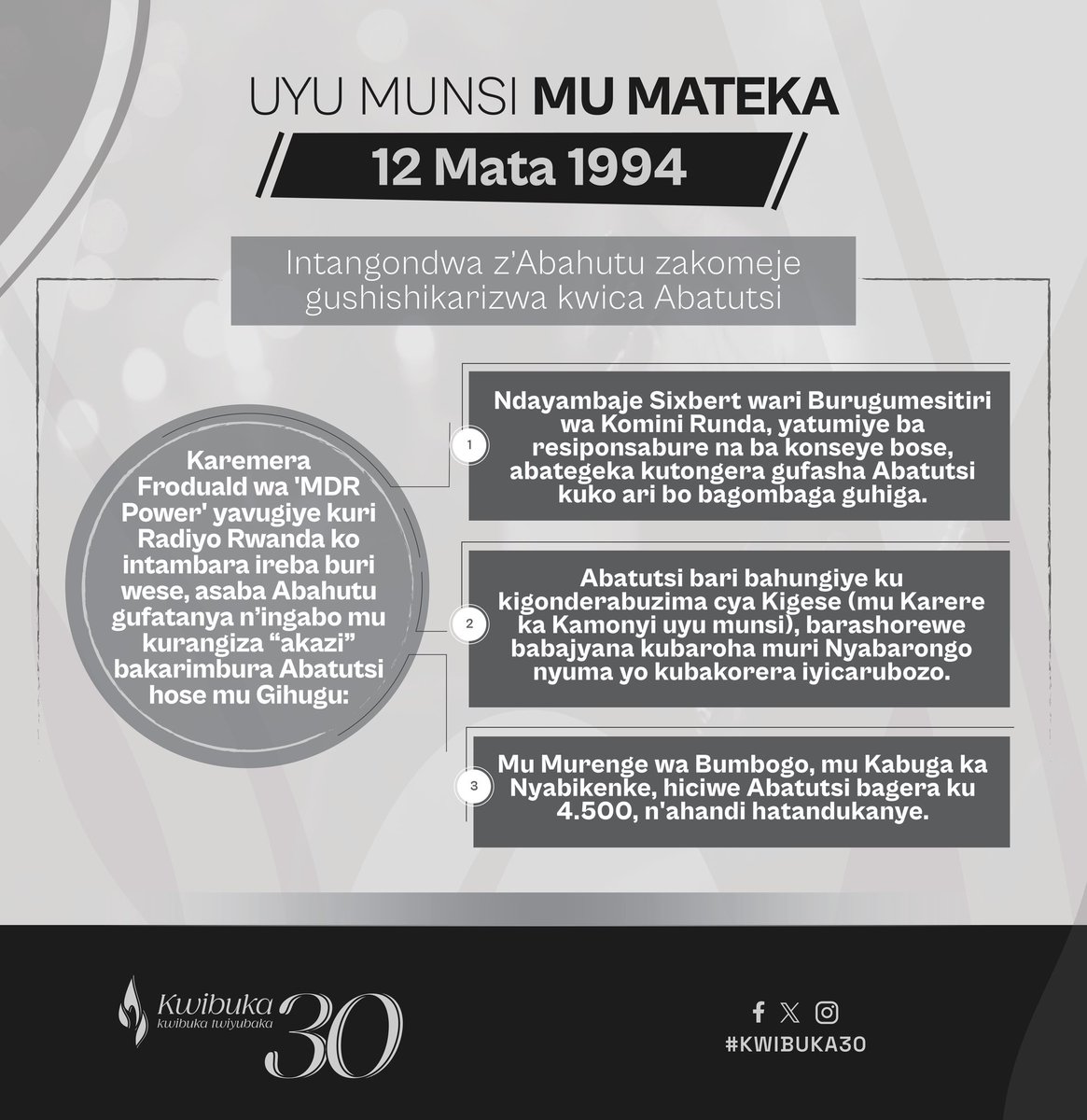 UYU MUNSI MU MATEKA Ku wa 12 Mata 1994, MRD-Power ibinyujije kuri Radio Rwanda yashishikarije Abahutu gufatanya n’ingabo mu kurangiza “akazi” ko kurimbura Abatutsi. Sobanukirwa byinshi: youtu.be/juh2Ew5XRbA Kwibuka twiyubaka #Kwibuka30