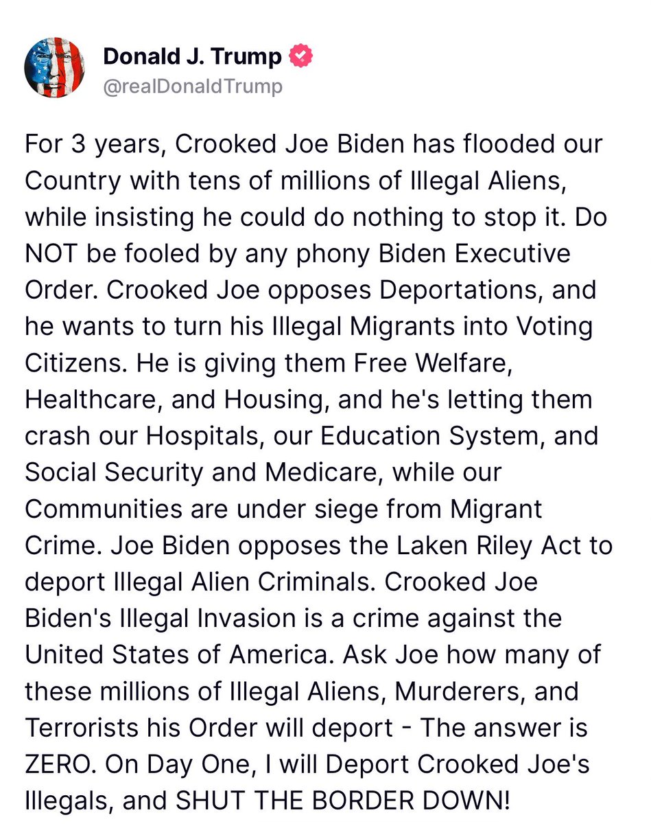 Biden is allowing millions to enter our country illegally… don’t be fooled by Biden’s political stunt. I have a RECORD of standing with Donald Trump to enforce the rule of law, to keep our streets safe, and to stop the flow of fentanyl coming into our country.