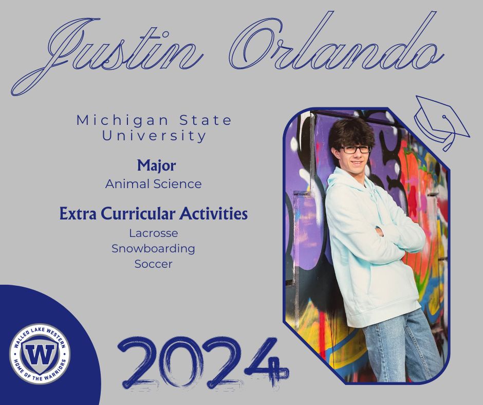 Congratulations to Walled Lake Western's Justin Orlando, who will be studying Animal Science at Michigan State University in the fall! 🎓 #WEareWLCSD @WLWWARRIORS Nominate a member of the 2024 Class for a Senior Shout Out ➡ forms.gle/dRDfEgSJHKQfiu…