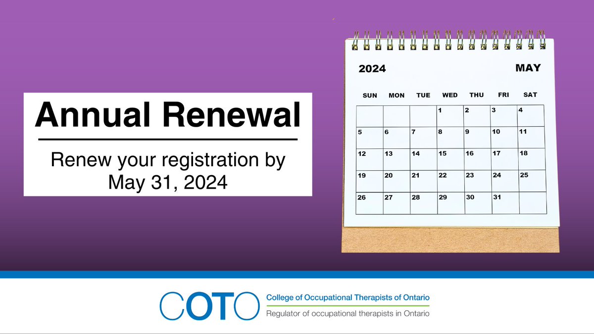 Don’t miss the deadline to renew! #OccupationalTherapists in Ontario must renew their registration by May 31, 2024.

Renew your registration today: bit.ly/3ZO7bxM