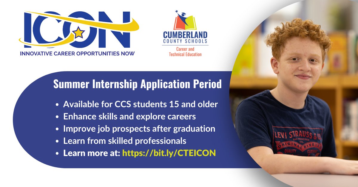 ⏳ CCS students 16 and older, the ICON Summer Internship Program deadline is NEXT Friday, April 19, 2024. Apply now to gain valuable work experience and boost your job prospects! Learn more: bit.ly/CTEICON.