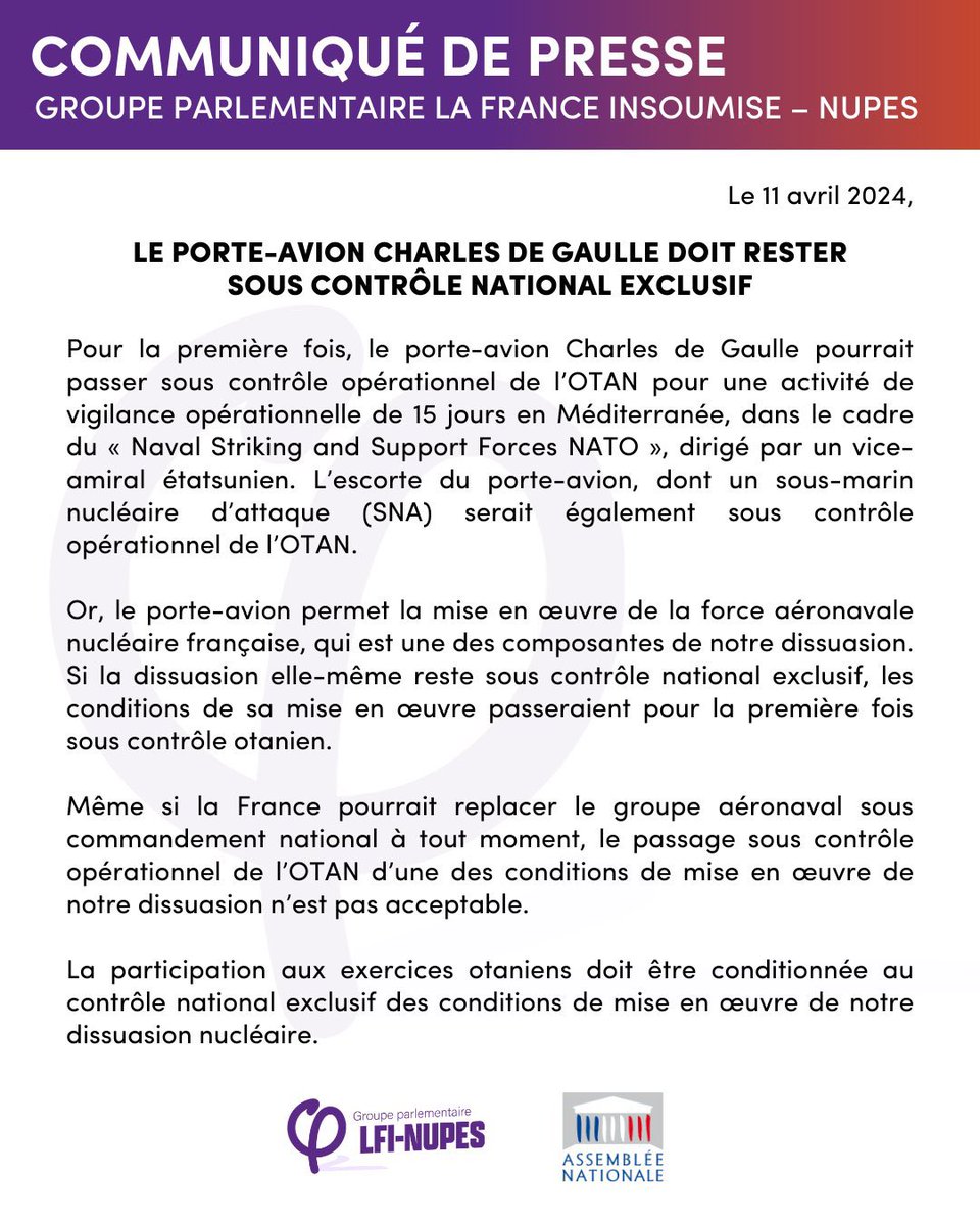 ☢️ 🇫🇷 🚢 Non, le passage sous contrôle opérationnel de l’OTAN pendant 15 jours du porte-avions Charles de Gaulle ne remet pas en cause la souveraineté de la #dissuasion française… La FANu n’est pas présente en permanence sur le PA et relève d’une « force de circonstance ».