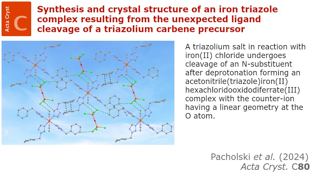 An iron triazole complex resulting from unexpected ligand cleavage @ActaCrystC @IUCr doi.org/10.1107/S20532… @WUT_edu @ChemistryUW @NCN_PL #triazole #imine #hexachloridooxidodiferrate #iron #NHC #heterocyclic #carbene #organometallic #chemistry #crystallography