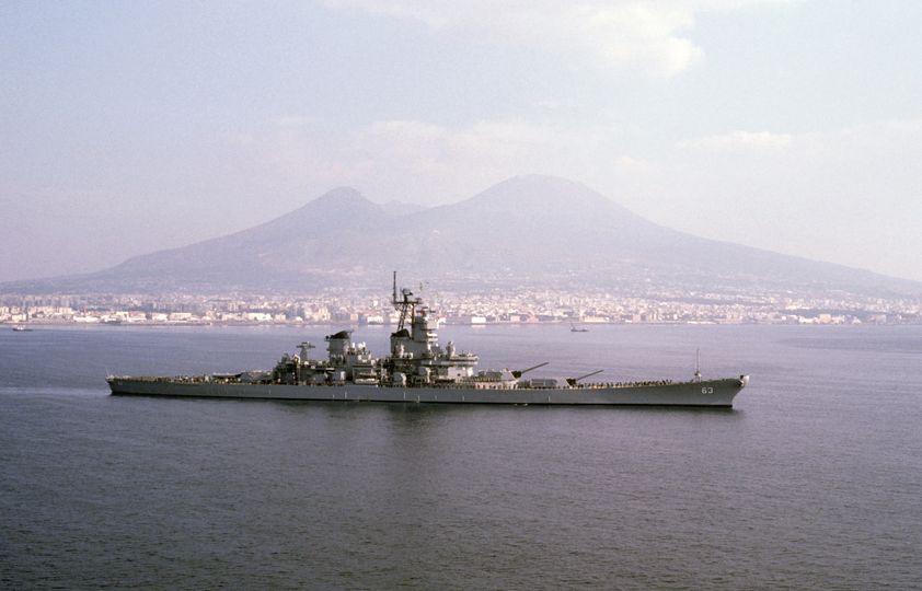 The Battleship USS MISSOURI (BB 63) off the coast of Naples Italy 1986 with Mount Vesuvius in background. BEAUTIFUL!