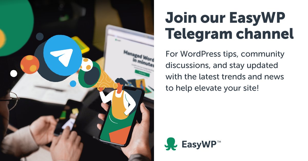 📲 EasyWP is now on Telegram! Get practical WordPress tips, stay updated with the latest industry news & trends, and connect with our vibrant WordPress community. Join the conversation 👉🏻 t.me/easywpdispatch #EasyWP #WordPress