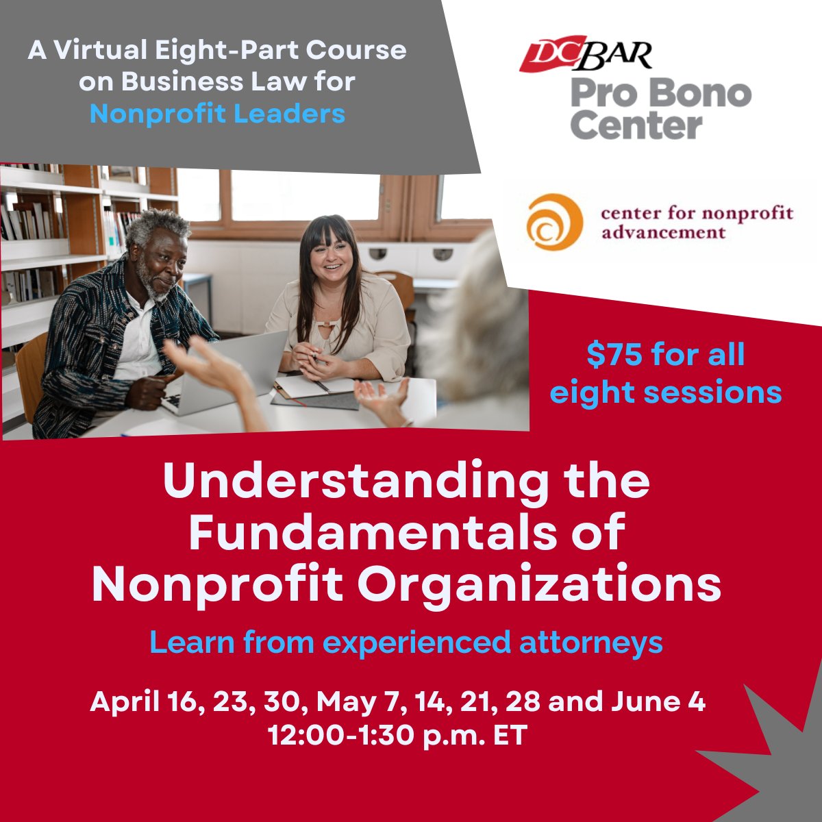 Last chance to register! Our virtual 8-part course for #nonprofit leaders starts April 16. Learn the legal basics on IRS requirements, governance, employment law, contracts, intellectual property, risk management, and more. bit.ly/4csgRVL #Centernonprof #DCNonprofit