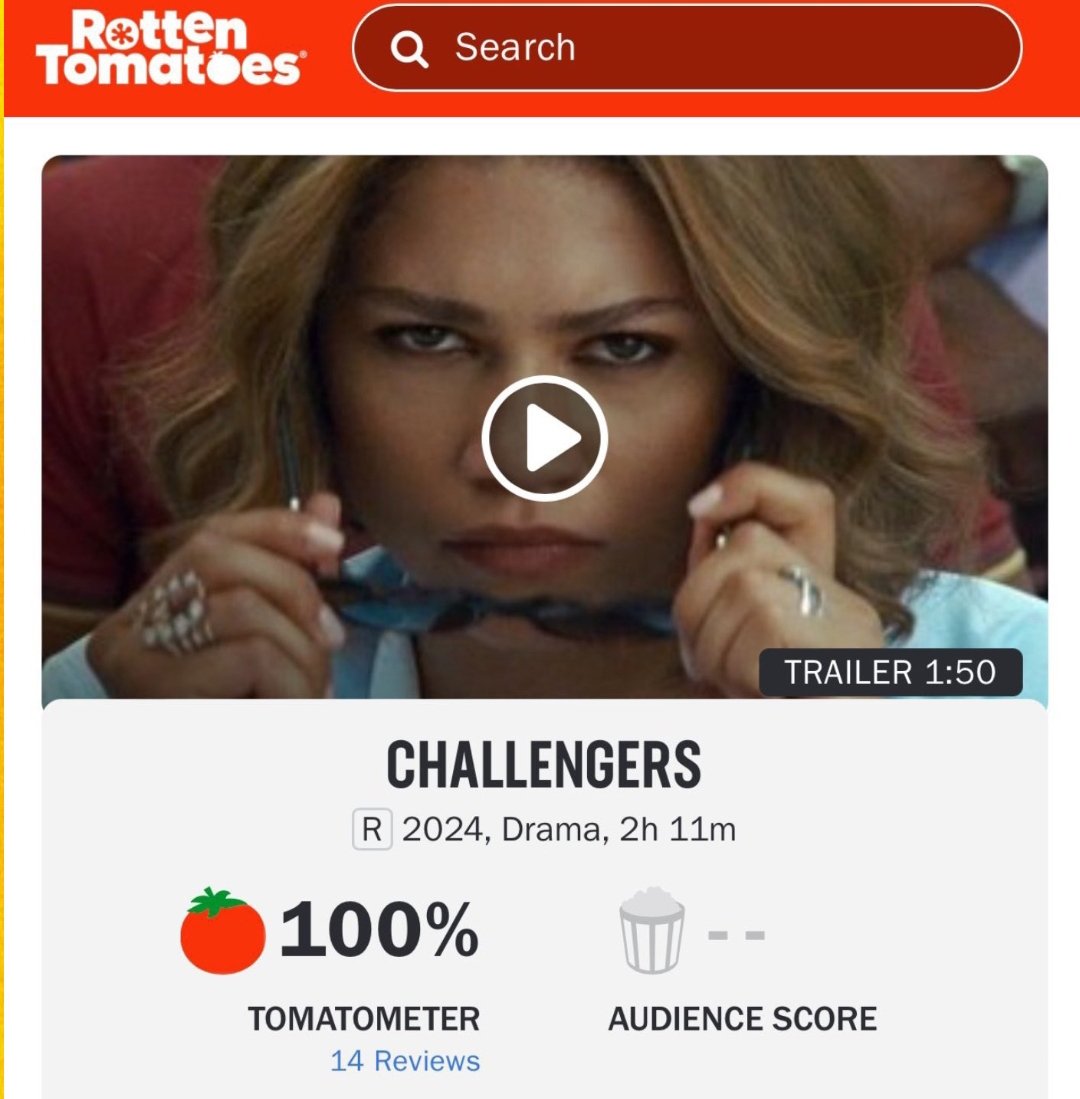 MAIS UM HIT ZENDAYA? ✨ O Filme ‘Challengers’ debutou com 100% de aprovação no Rotten Tomatoes.