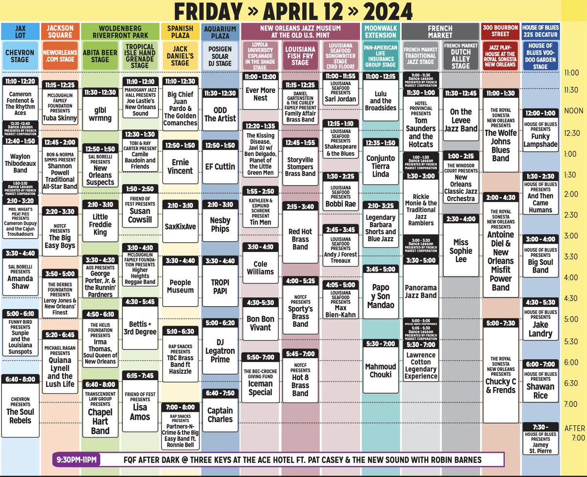 Here's the schedule for French Quarter Fest today! If you can't be here in person, WWOZ is broadcasting live at 90.7 FM locally and wwoz.org worldwide, 11am-8pm CT. Tune in! Our broadcast schedule can be found at wwoz.org/calendar/live-….