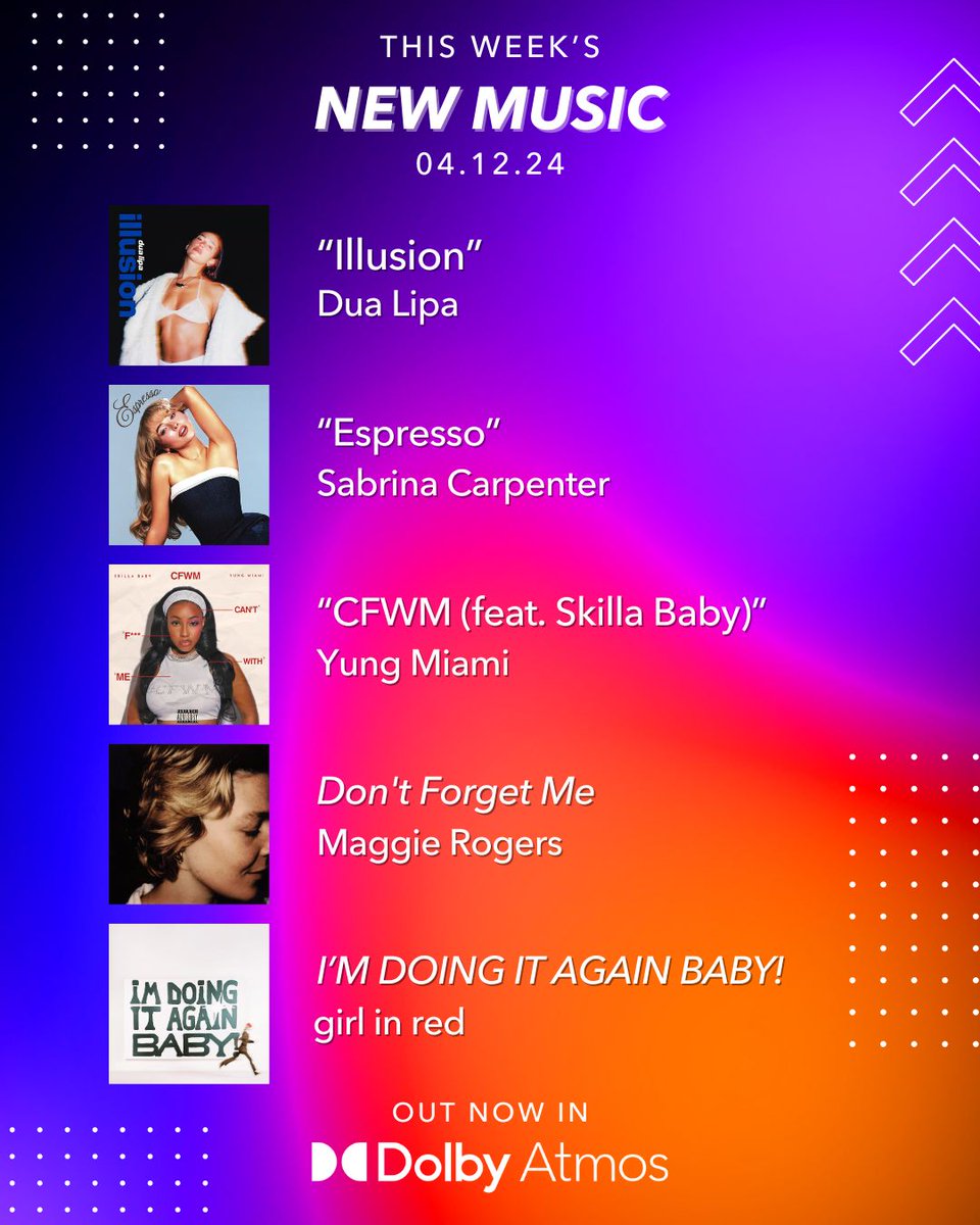 TGI #NewMusicFriday 🙌 We have these new releases from @DUALIPA, @SabrinaAnnLynn, @YungMiami305, @maggierogers, and @_girlinred_ on repeat 🎶 What are you listening to in #DolbyAtmos?