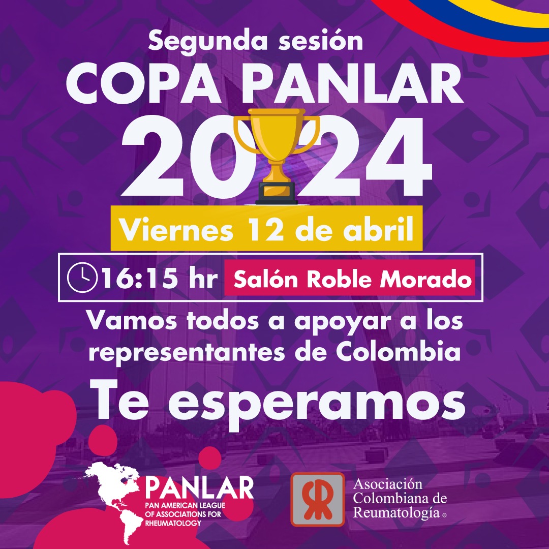 ¡Apoya a nuestros residentes en el concurso de conocimientos más emocionante del año! Los esperamos en la segunda sesión de la Copa América PANLAR, hoy viernes 12 de abril, a las 16:15 hr en el Salón Roble Morado. Recuerda llevar tu camiseta de 🇨🇴 para mostrar tu apoyo.