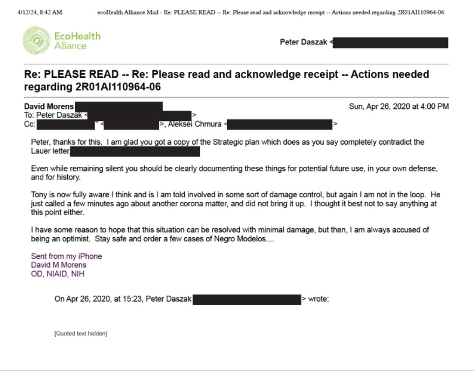 Email suggests Fauci was involved in some kind of 'damage control' related to EcoHealth Alliance in April 2020. Top aide to Fauci relays rumor to EcoHealth Alliance President Peter Daszak that Fauci was doing damage control related to his grant. The 'Lauer letter' likely refers…