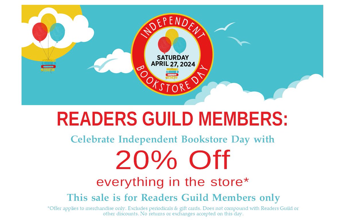 Don't forget, tomorrow is Independent Bookstore Day, and Readers Guild Members will get 20% off everything in the store to celebrate! If you have a list of books you've been wanting & aren't yet a member, you can sign up tomorrow to take advantage of the sale, I'm JUST saying