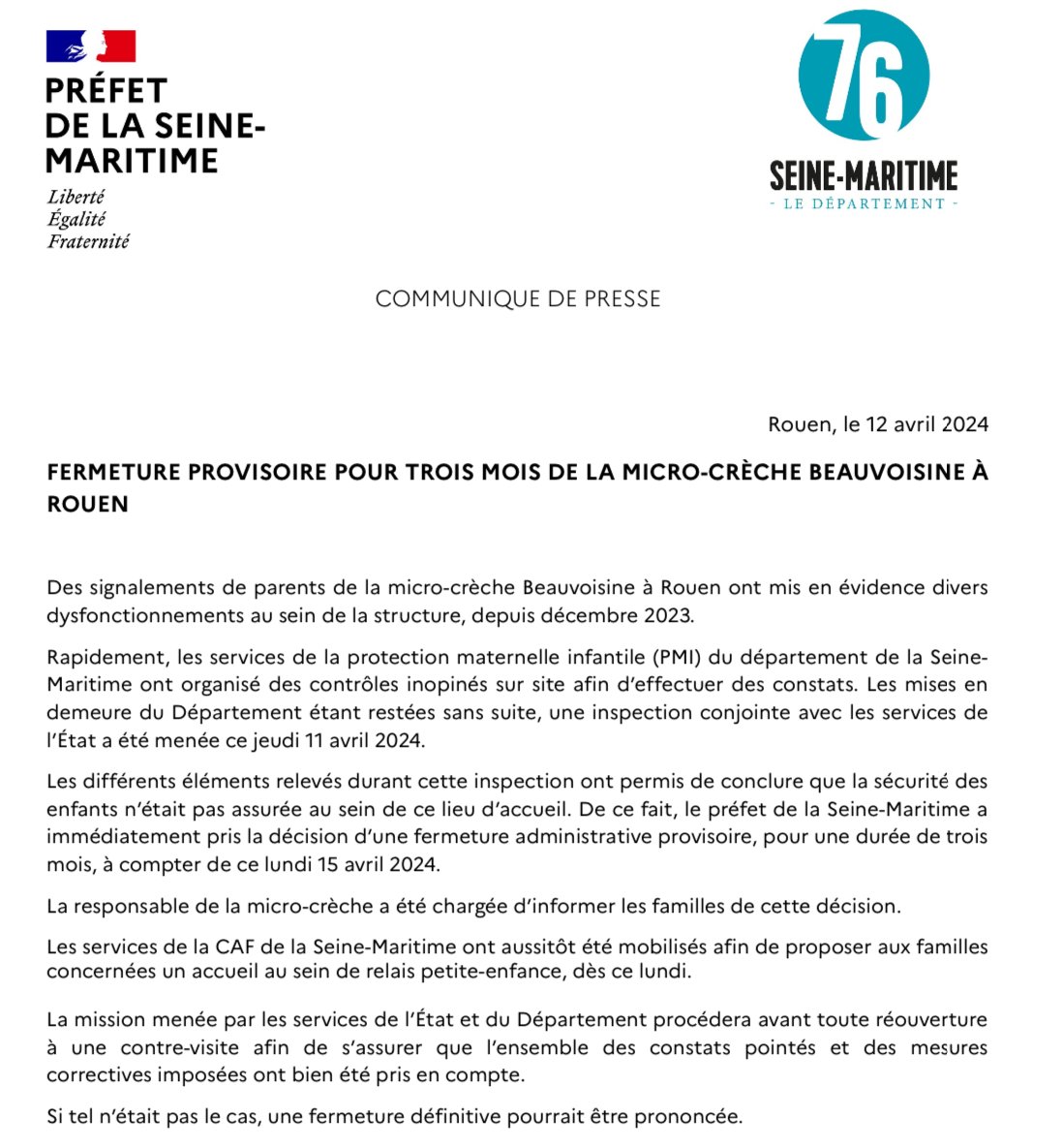 Fermeture provisoire de la micro-crèche Beauvoisine #Rouen pour une durée de trois mois. Le communiqué de presse ⤵️