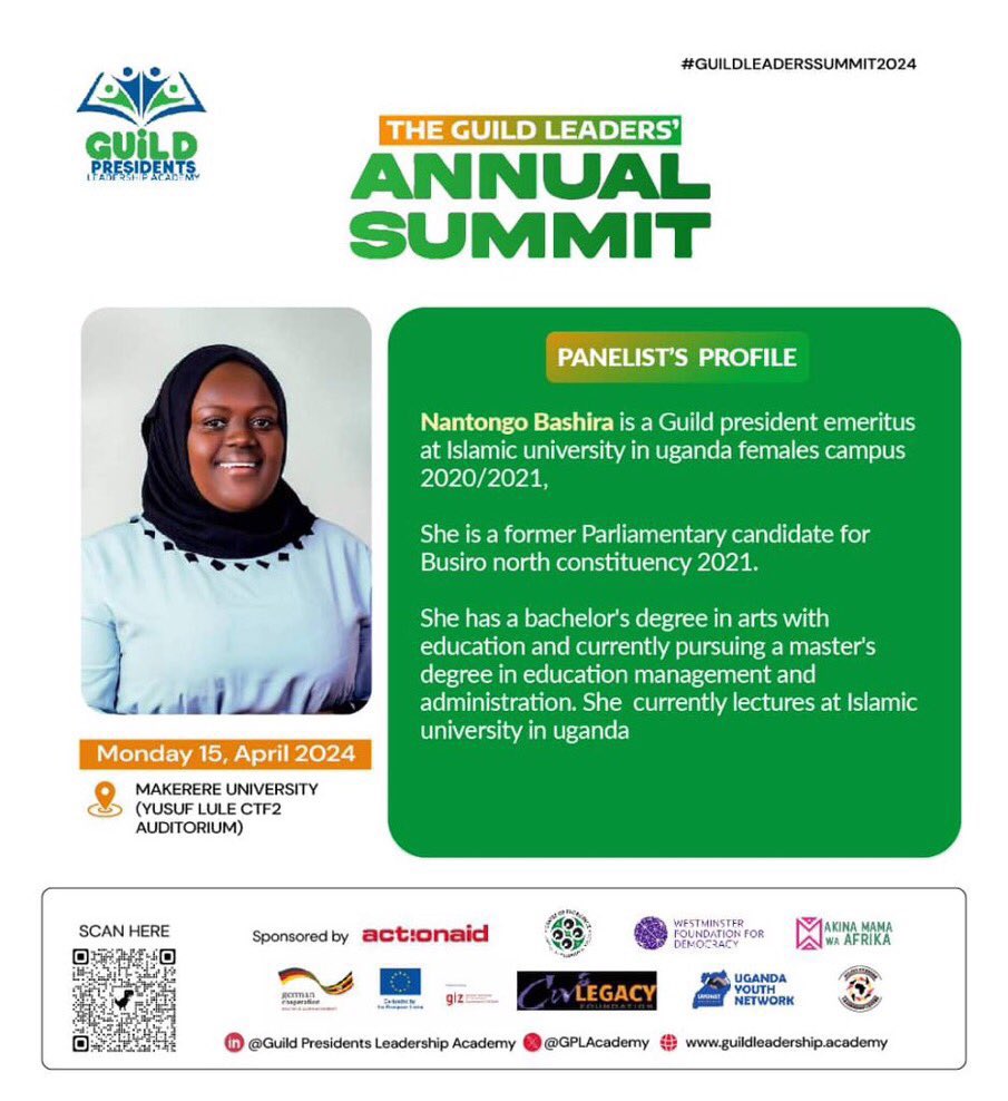 Ms. Nantongo Bashira, Guild president emeritus at the Islamic University in Uganda (2020/2021) will be one of the panelists for the #GuildLeadersSummit2024 at Makerere University on 15th April.