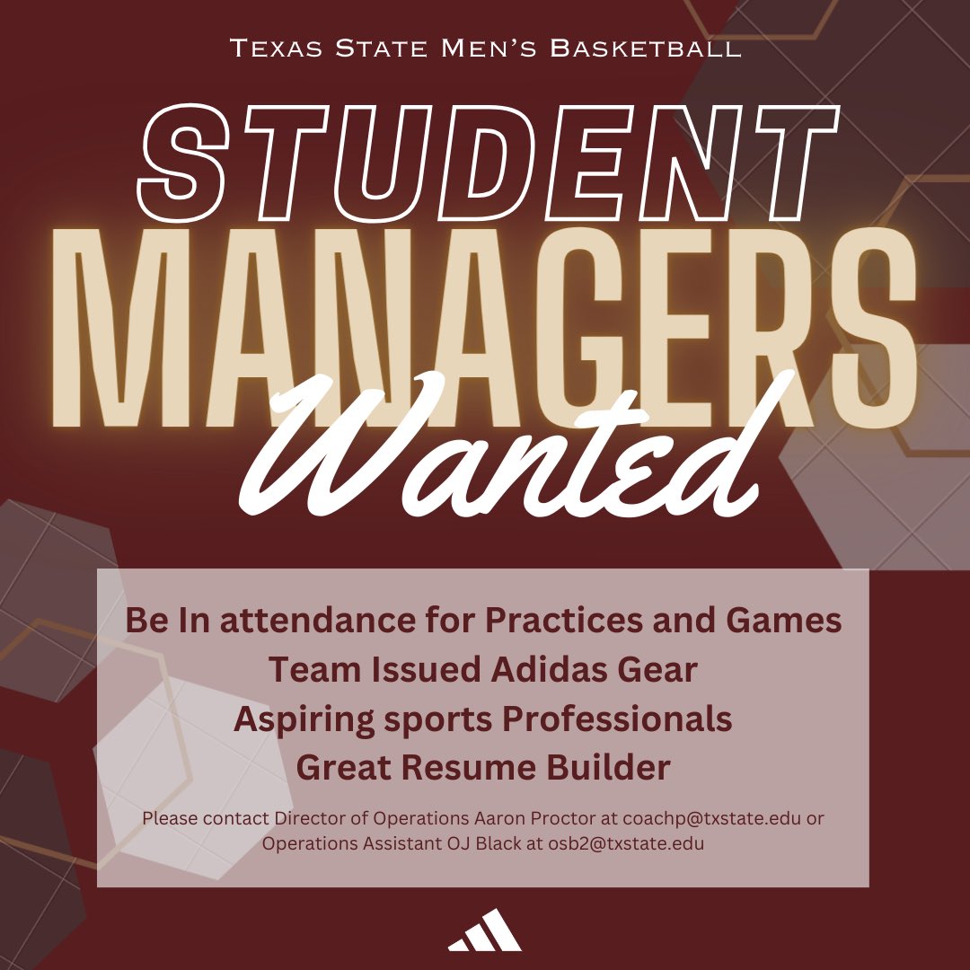 Bobcat Nation! TXSTMBB needs student managers for the 24-25 season! Be a part of a DI program while earning your degree, and 🐾 Get Team Issued Official Adidas Gear 🐾 Travel with the team 🐾 Build connections for a career in sports