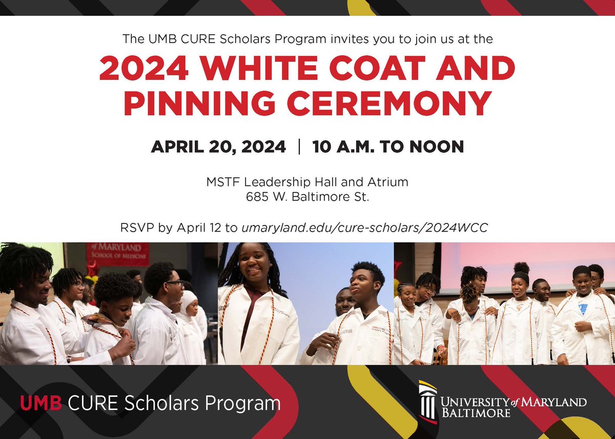 The 2024 UMB CURE Scholars Program White Coat &amp; Pinning Ceremony is quickly approaching! Families are invited and encouraged to come cheer on your scholar for their accomplishments in CURE during the school year. Please RSVP if you have not done so yet.
buff.ly/43TFRkN