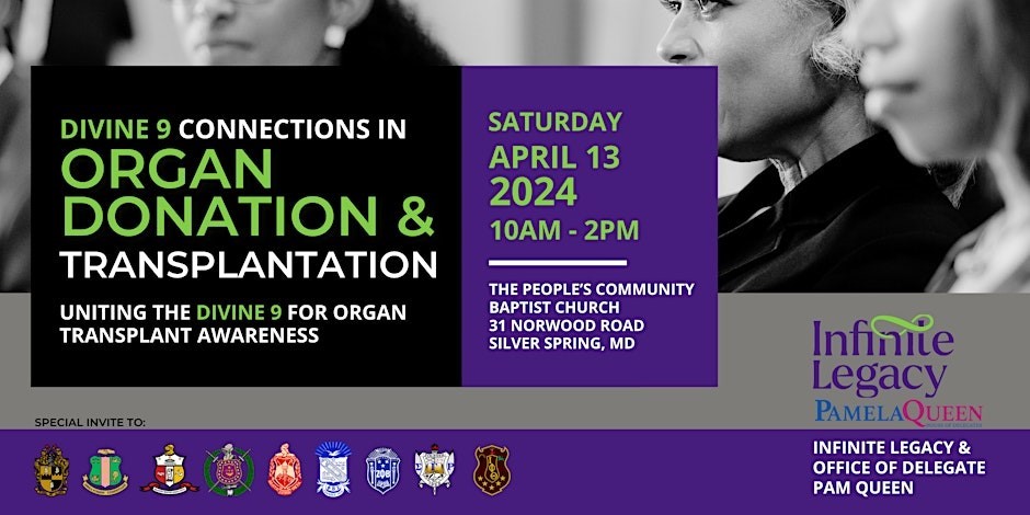 📣 April is #NationalDonateLifeMonth. With 103K+ awaiting transplants & disparities in organ needs, let's raise awareness. Join the Divine 9 & Delegate Pam Queen on April 13 at The People’s Community Baptist Church. Register, save lives, spread the word. ow.ly/a8xv50RfaZZ