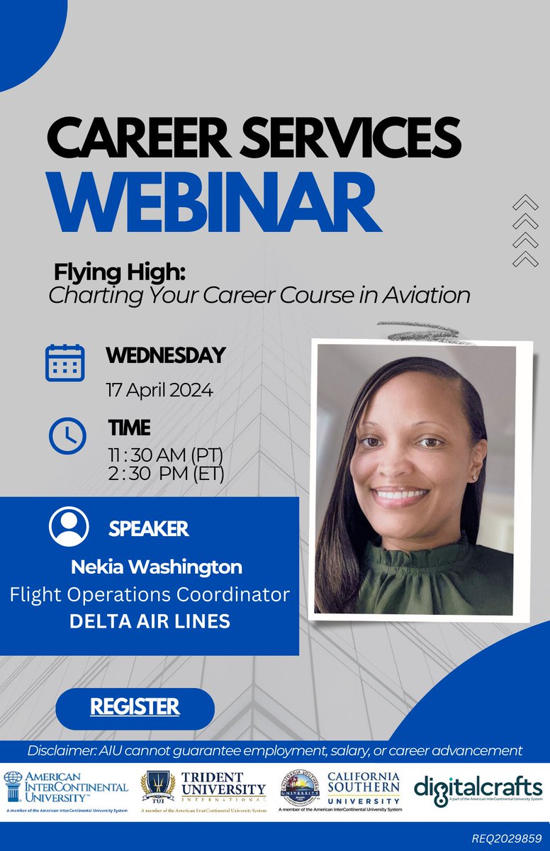 Get ready to soar to new heights! Join us for an inspiring Career Services Webinar with Nekia Washington, Flight Operations Coordinator for Delta Air Lines. Register today! aiu.zoom.us/webinar/regist… #highered #webinar #opportunities #inspiration #aiueverywhere