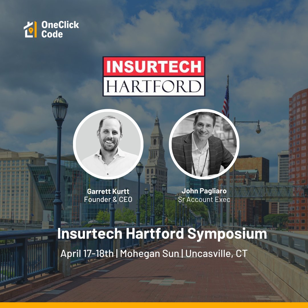 oneclickcode's tweet image. We're thrilled to announce that Garrett Kurtt and John Pagliaro will be representing OneClick Code at Insurtech Hartford Symposium on April 17-18th at the Mohegan Sun in Connecticut!
Garrett takes the stage to present in the startup pitch competition on April 17th, 11:30-12pm.