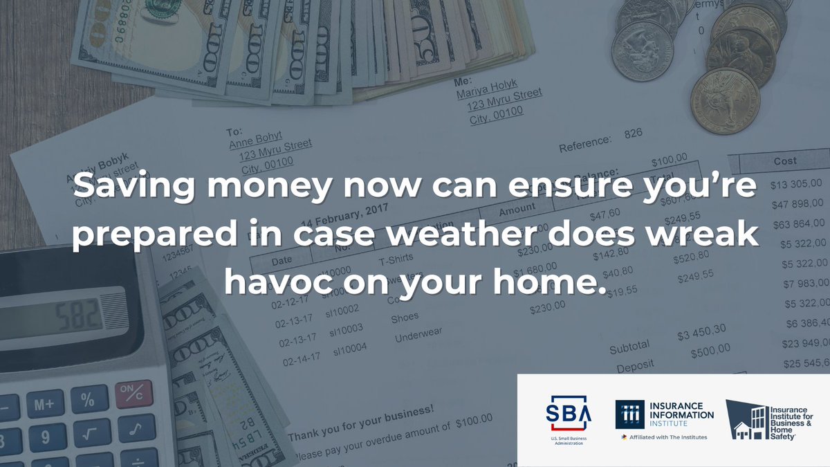 #FinancialCapabilityMonth: Save money now, so you’re prepared later. Open a catastrophe savings account (CSA) or set aside 1-2% of the purchase price of your home each year in case disaster hits, and you need to recover quickly. @SBAgov @IIIorg
