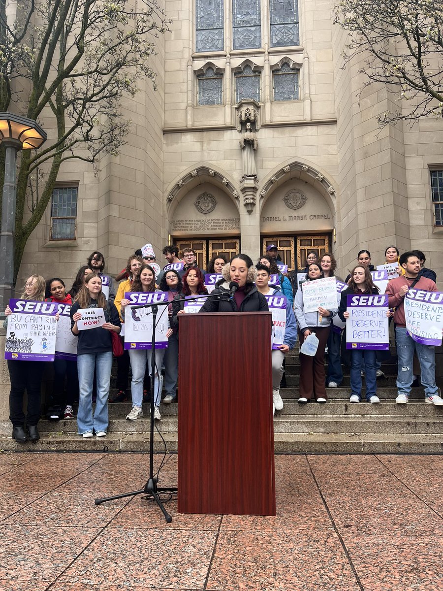 🚨 BU ResLife workers are ON STRIKE! Lillian and Jasmine are kicking us off at today’s rally. ResLife workers united for a strong contract!