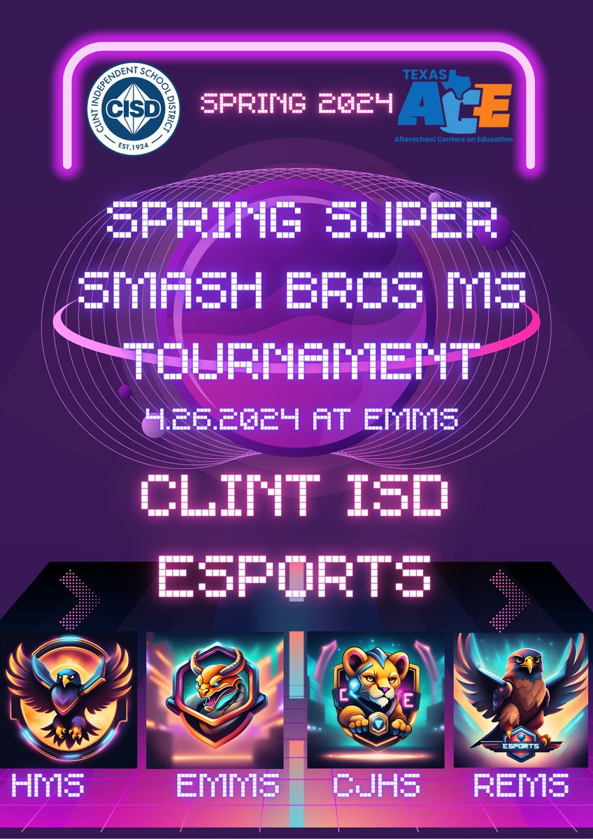 Get ready @ClintISD for our Spring Middle School SSBU tournament! Who will be crowned the Spring Champion? Let the gaming begin! #ClintTech #WeAreClintEsports @EMMS_Gutierrez @rruiz9900 @nher2348 @Ale_REMS