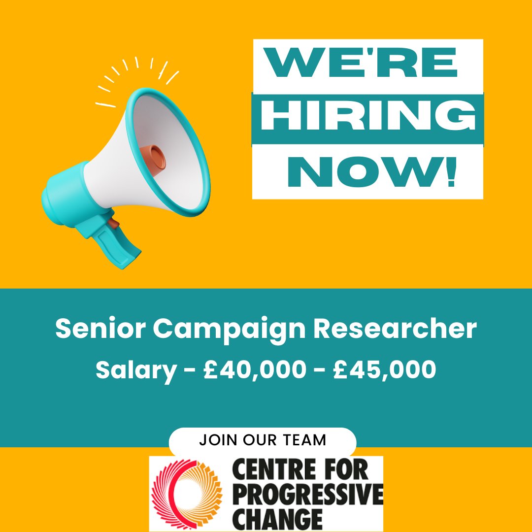 🚨 𝗝𝗢𝗜𝗡 𝗢𝗨𝗥 𝗧𝗘𝗔𝗠 🚨 🚩We're hiring for a Senior Campaign Researcher 🚩The ideal candidate will carry out research on our policy areas and support the campaign on the ground. 🚩Salary £40-45K (negotiable) Please share widely! For more info👇🏾 centreforprogressivechange.org/senior-campaig…