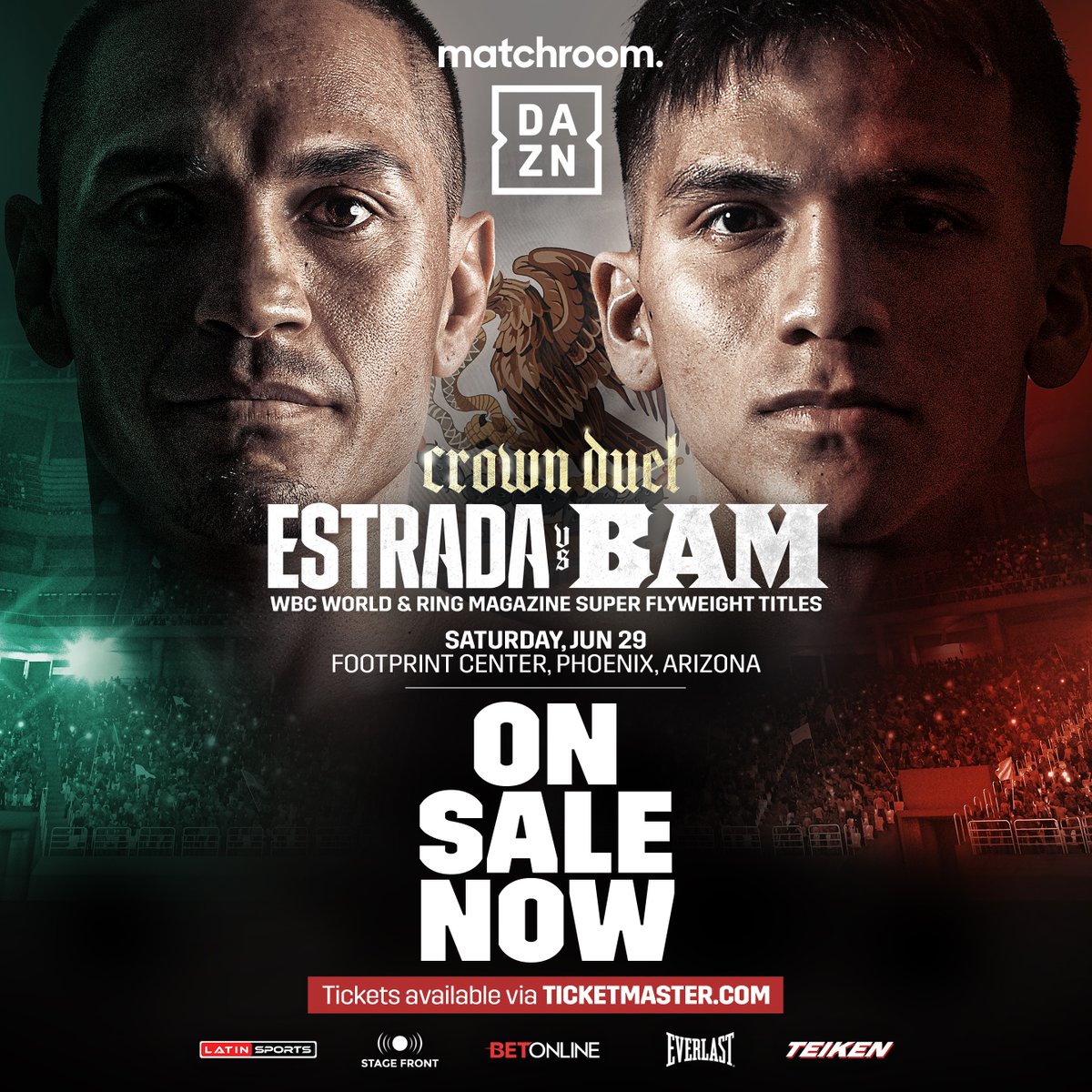 MatchroomBoxing's tweet photo. Tickets for #EstradaBam are 𝗢𝗡 𝗦𝗔𝗟𝗘 𝗡𝗢𝗪! 🎟️ @GalloEstradaOfi @210bam 

This mega Super Flyweight showdown is not to be missed on Jun 29 🔥

Get your tickets 👇