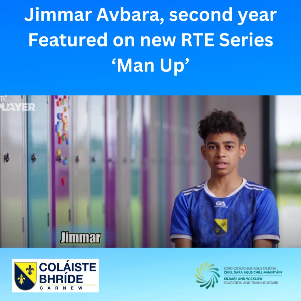 Well done to Jimmar Avbara in second year, who has been selected for a new RTE series titled 'Man Up'. The programme will be broadcast on Monday next at 5:20pm and is available on the RTE player. Well done Jimmar. @KWETB, @WicklowPeople, @GoreyGuardian,