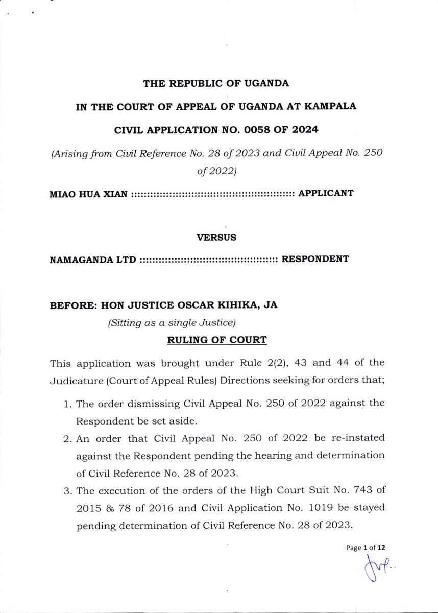 Kihihi JA Upholds Preliminary Objection✍️a Single Justice of  Court of Appeal can Only Entertain Interlocutory Matters✍️Has No Jurisdiction to Set Aside a Decision of A Single Justice of Court of Appeal, That is the remit of a Full Bench constituting Three Justices of this Court
