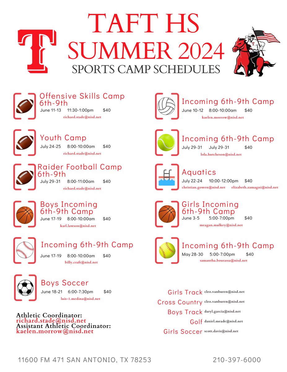 Kaelen Morrow (@kaelenmorrow) on Twitter photo TAFT SPORTS summer camps! Come join us! <a href="/taft_club/">Taft Raider Athletic Booster Club</a> <a href="/TaftRaider/">Taft Raider Football</a> <a href="/TRVBGORAIDERS/">TRVB</a> <a href="/taft_basketball/">Taft Basketball</a> @Taft_GBB <a href="/TaftMensSoccer/">Taft Men's Soccer</a> <a href="/TaftRaiderSB/">🥎Taft Raider Softball🥎</a> <a href="/TaftBaseball/">Taft Raider Baseball</a> <a href="/GolfTaft/">TaftRaiderGolf</a> <a href="/TennisTaft/">Taft Raider Tennis</a> <a href="/taft_soccer/">Taft Lady Raider Soccer</a> <a href="/NISDTaft/">Taft HS</a> TAFT SPORTS summer camps! Come join us! <a href="/taft_club/">Taft Raider Athletic Booster Club</a> <a href="/TaftRaider/">Taft Raider Football</a> <a href="/TRVBGORAIDERS/">TRVB</a> <a href="/taft_basketball/">Taft Basketball</a> @Taft_GBB <a href="/TaftMensSoccer/">Taft Men's Soccer</a> <a href="/TaftRaiderSB/">🥎Taft Raider Softball🥎</a> <a href="/TaftBaseball/">Taft Raider Baseball</a> <a href="/GolfTaft/">TaftRaiderGolf</a> <a href="/TennisTaft/">Taft Raider Tennis</a> <a href="/taft_soccer/">Taft Lady Raider Soccer</a> <a href="/NISDTaft/">Taft HS</a>